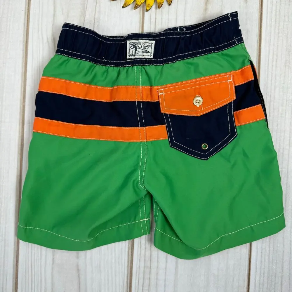 Polo Ralph Lauren Kids Swim Trunks Shorts Green Orange Navy Stripes Pony Logo 4T